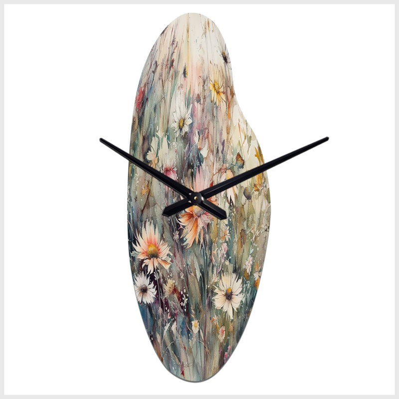 Orange Green Daisy Tranquility - Daisy Asymmetrical Metal Wall Clock, Orange Curved Metal Wall Clock Print, Medium