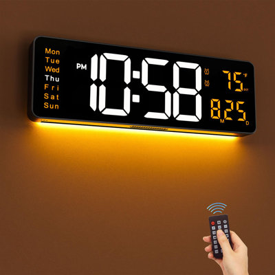Large Digital Wall Clock With Remote Control, Large Display With Night Light, DST, Date, Week, Temperature, Dimmer, Plug In LED Wall Digital Clocks For Living Room Office Decor