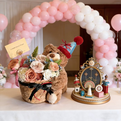 11 cappuccino rose bear cuddling bucket+exquisite gift bag+warm color atmosphere light with 30cm teddy bear bouquet on Valentine's Day Qixi Memorial Day