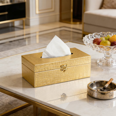 Luxury Crocodile Leather Tissue Box Cover With Secure Clasp - Elegant Gold Rectangular Holder For Bathroom, Bedroom, Living Room, And Office Decor