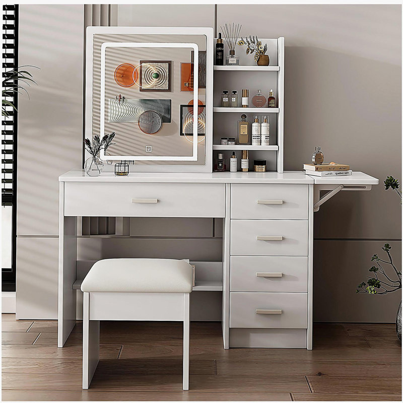 Fashion Vanity Desk with Mirror and Lights for Makeup with open shelves and Chair, Vanity Mirror with Lights and Table Set with 3 Color Lighting Brightness Adjustable, 5 Drawers, White Color