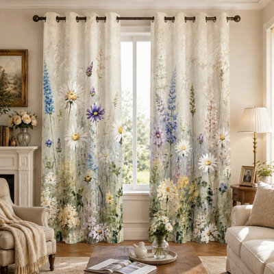 Ensemble de 2 rideaux imprimés de fleurs sauvages champêtres, style floral vintage décoratif, accroche légère et luxueuse pour la décoration de la chambre ou du salon.