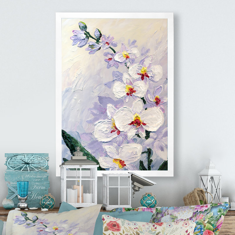 Fleur d'orchidée blanche moderne - peinture, Cadre photo blanc, H 40 po x l 30 po x P 1,5 po