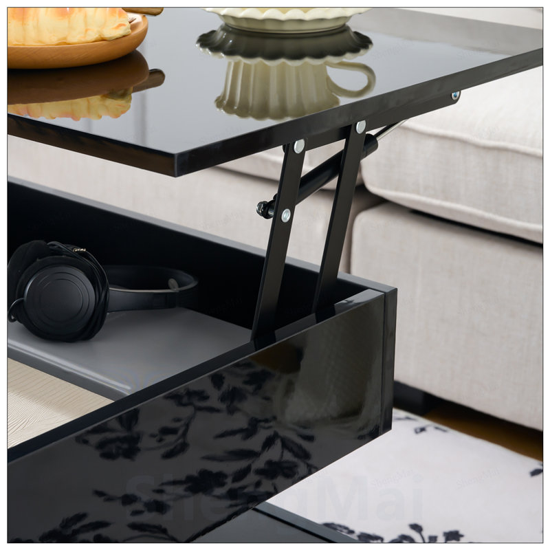 Table basse à plateau relevable avec compartiment caché, 2 tiroirs de rangement et lumières DEL réglables, mobilier de salon multifonctionnel moderne