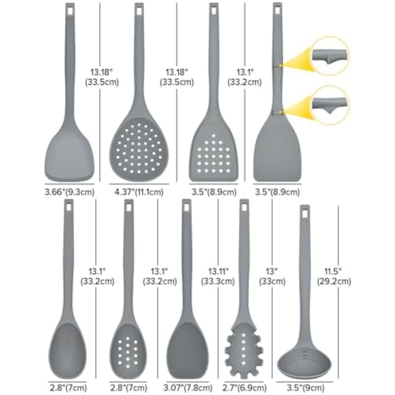Ensemble d'ustensiles de cuisine en silicone, 9 pièces, résistants à la chaleur, avec crochets de rangement, sans BPA, comprenant spatules, cuillères, écumoire et fourchette à pâtes pour ustensiles de cuisine antiadhésifs (GRIS)