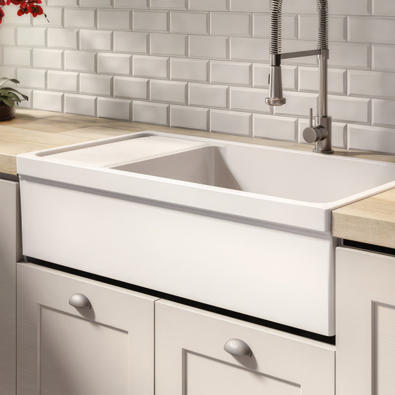 Matte White Fireclay Single Bowl Kitchen Sink with Drainboard