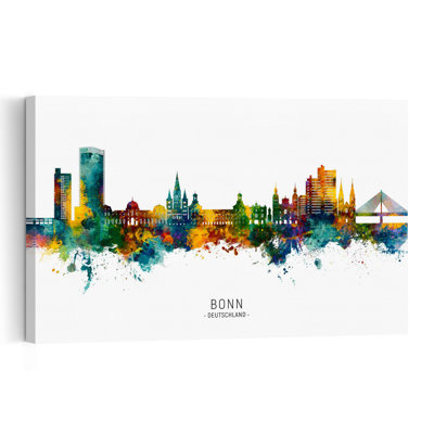 Affiche murale abstraite et colorée représentant la ligne d'horizon de Bonn, architecture contemporaine.