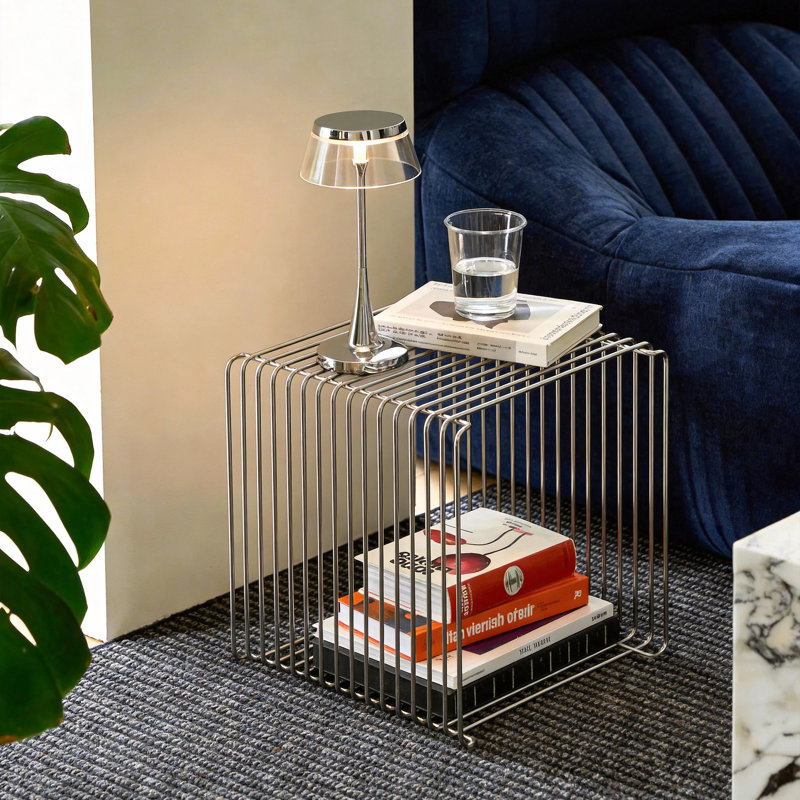End table, Square Wrought Iron Sofa Side Table., Silver.