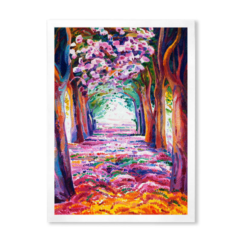 Forêt rose au printemps - Peinture sur toile, H 32 po x l 16 po x P 1 po, Cadre photo blanc