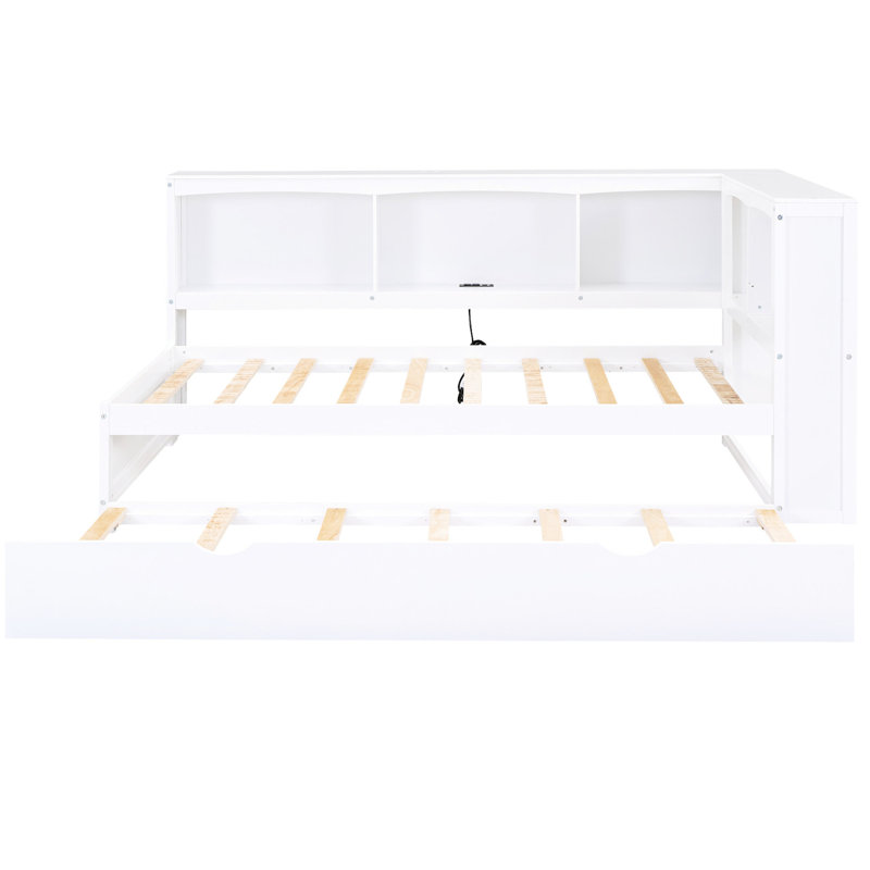 Lit de jour simple en blanc avec lit gigogne et rangement - Fabrication en bois et ports de chargement, Blanc