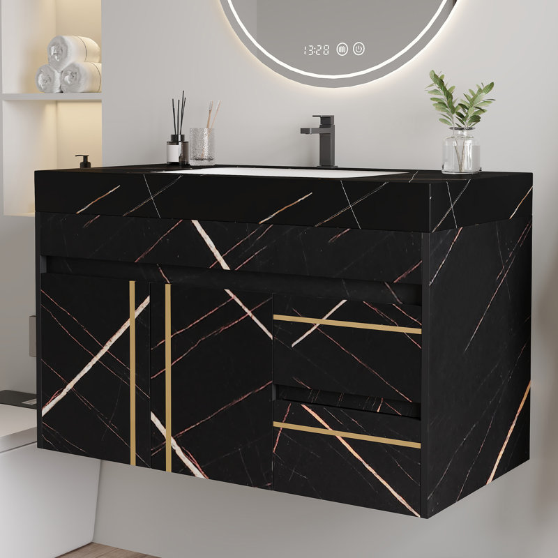  Meuble-lavabo flottant 35,2 po avec lavabo simple, plateau en marbre doré noir, armoire murale, noir et blanc
