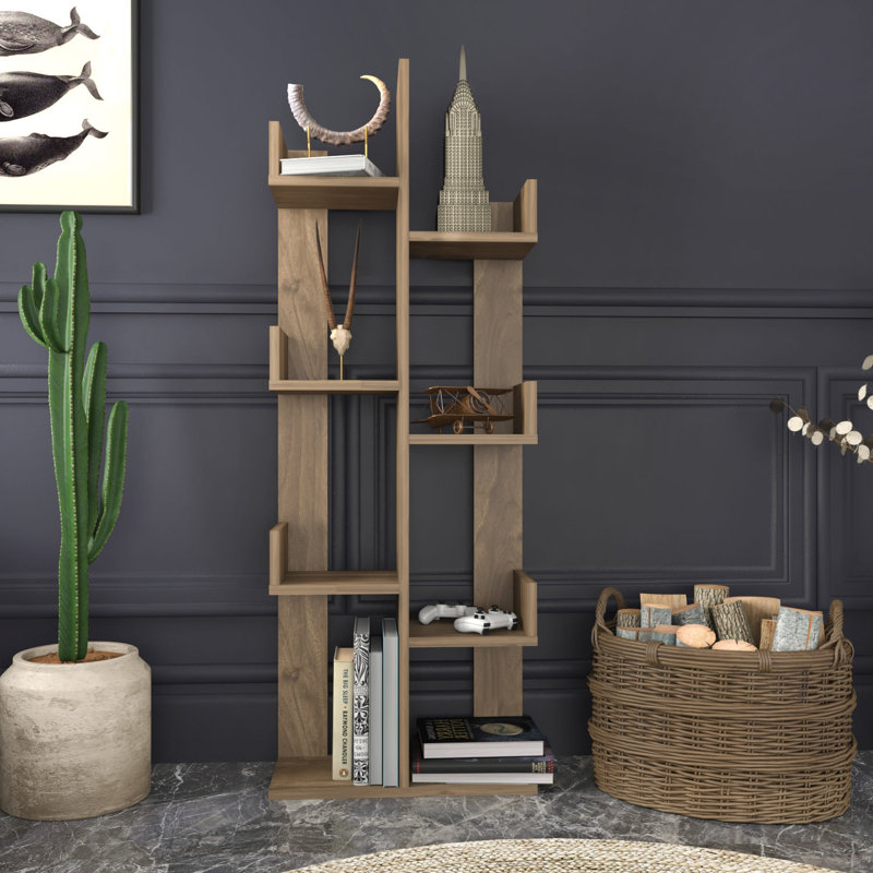 Bibliothèque moderne en noyer de 68,1 po x 8,7 po x 68,1 po | 100% panneau de particules enduit de mélamine, épaisseur: 0,7 pouce | Solution de rangement élégante pour le salon, le bureau et les espaces d'étude, design durable et élégant