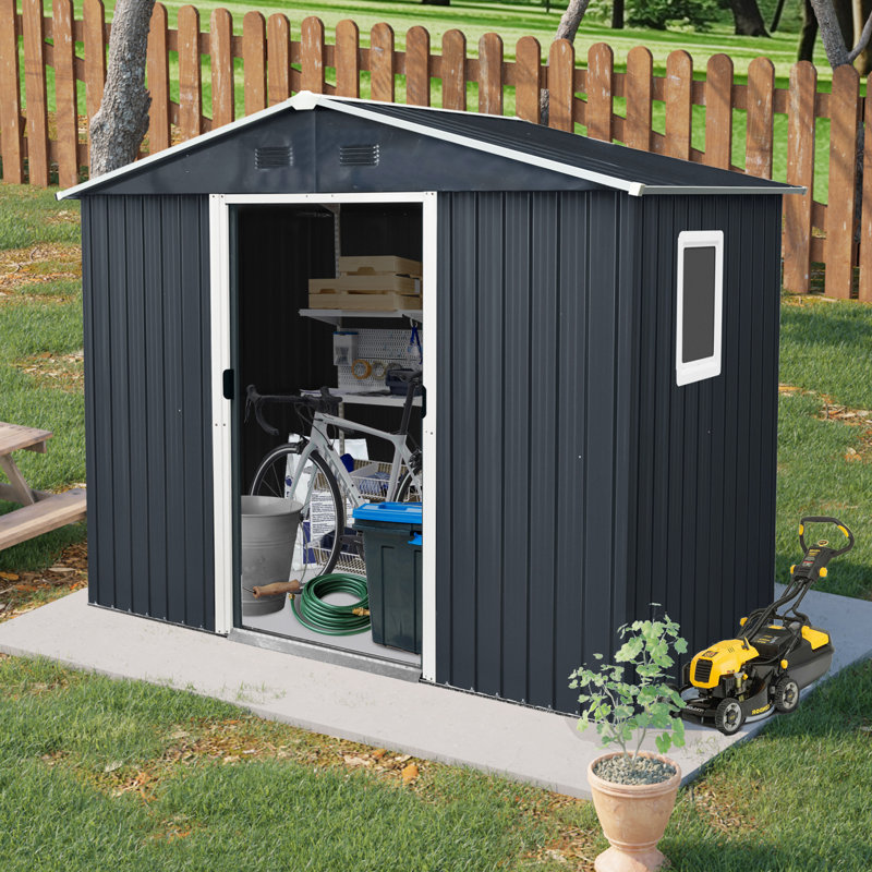 8Ft X 4Ft Outdoor Metal Storage Shed With Window And Metal Foundation For Backyard, Patio, Lawn (Black And White)
