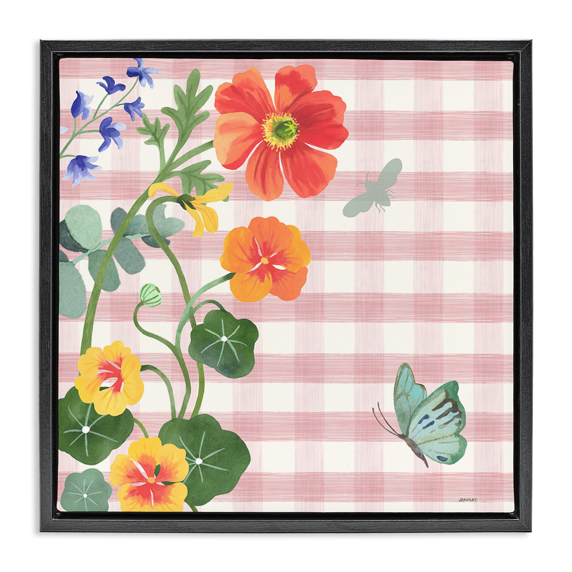 Lark Manor Garden Poppies on Gingham Brown Framed Floater Canvas Wall ...