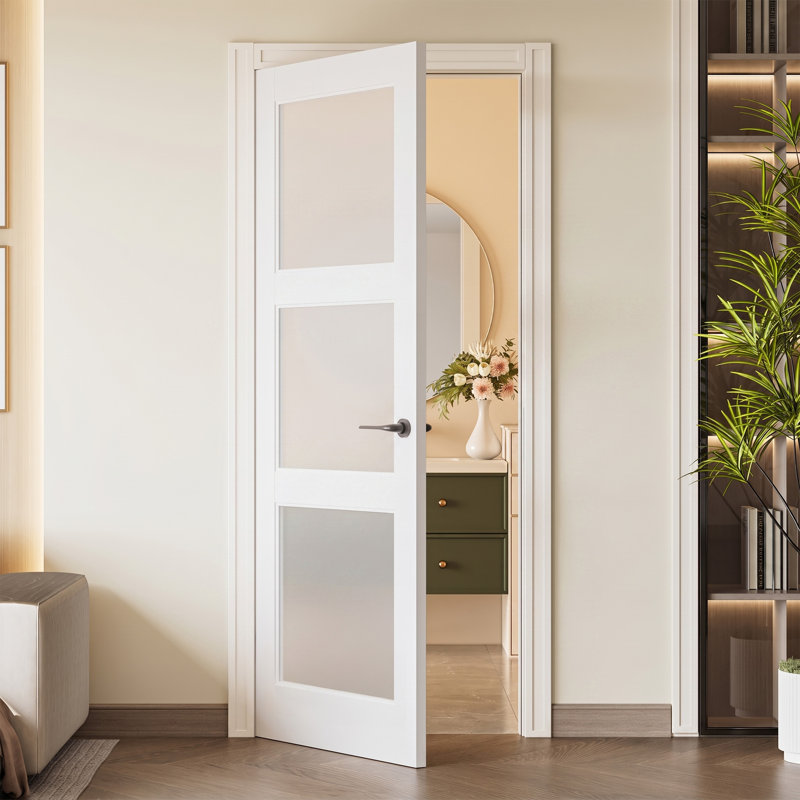 Porte en bois massif en verre givré apprêté 3-Lite 80 po sans cadre ni quincaillerie, 30" x 80"