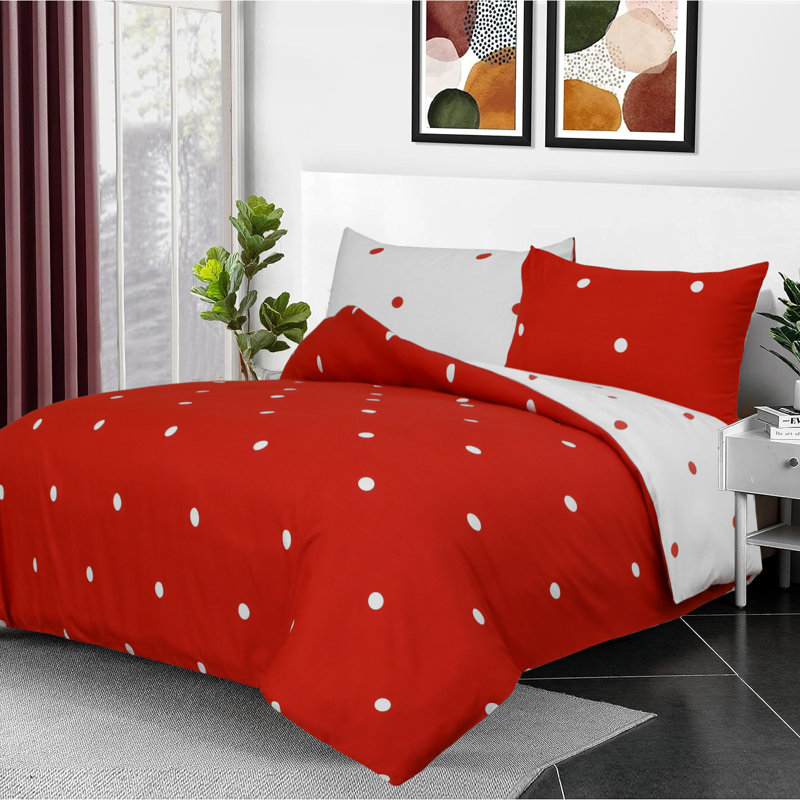Microfiber Duvet Cover Set with Pillowcases, Red/White Doted, 3, Kingsize Duvet Cover Set + 2 Pillowcases