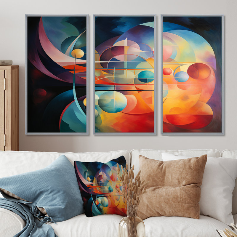Ensemble de salon Rainbow Moons Retro Geometrics - Abstract Landscape Wall Art, Encadrement argenté