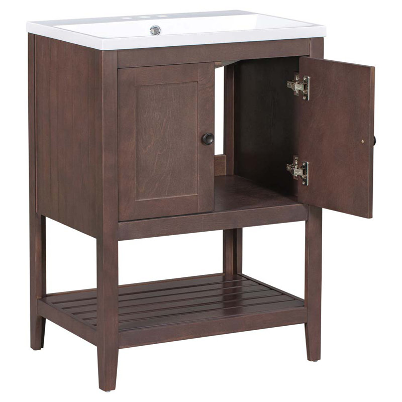 24" Brown Solid Wood Bath Vanity with White Ceramic Sink