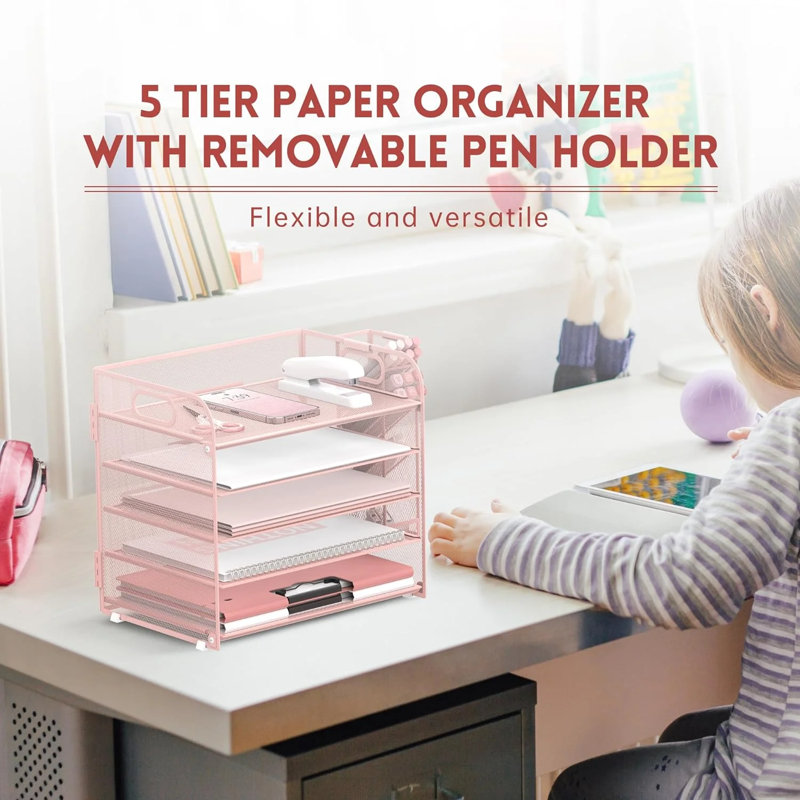 Organisateur de bureau en filet à 5 niveaux avec poignée et porte-stylos amovibles, Rose