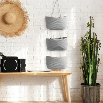 Over The Door Organizer, 3-Tier Woven Cotton Hanging Kitchen Baskets Storage Organizer Bag With Hooks Wall-Mounted Decorative Rope Baskets - Gray