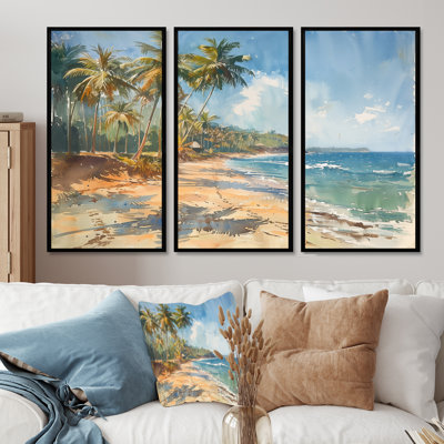 Ensemble de salon art mural bleu et vert avec palmiers Coastal Breeze