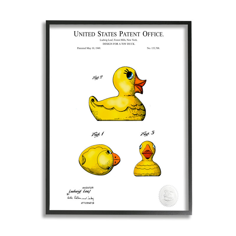 Schéma de conception de jouet canard en caoutchouc jaune, L 16 po x H 16 po, Giclée encadrée noir minuit