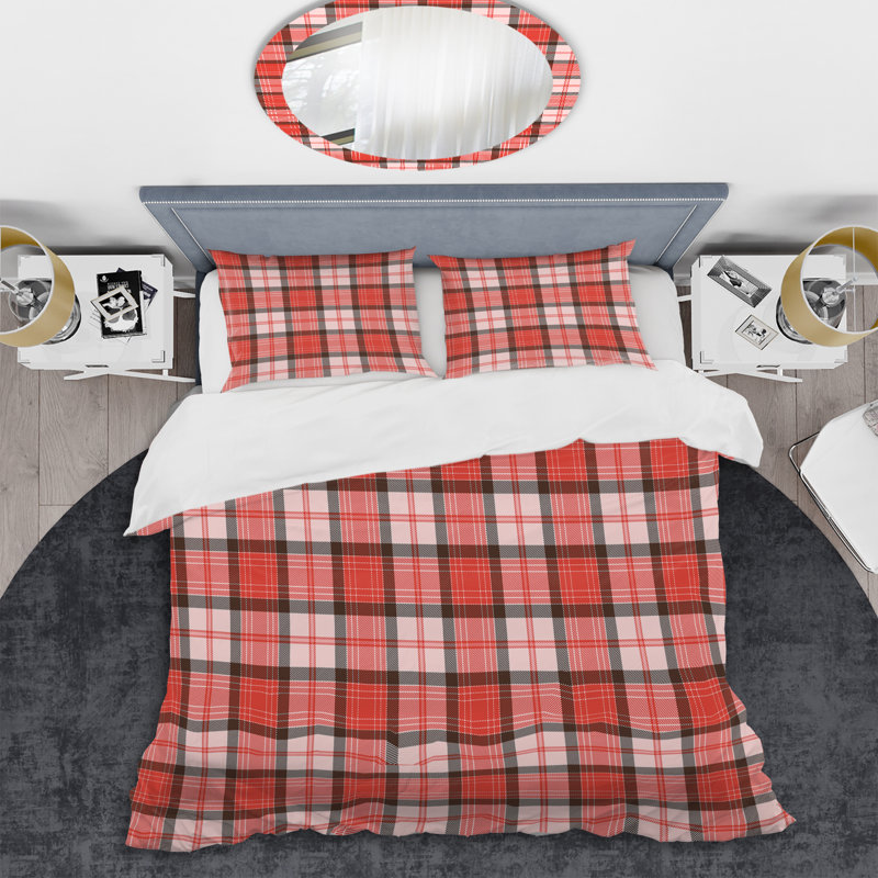 Tartan à carreaux rouge et blanc - Ensemble de housse de couette abstrait - Microfibre de polyester