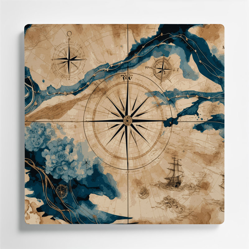 Art nautique brun, "Nautical navigation route", H 8 po x l 8 po