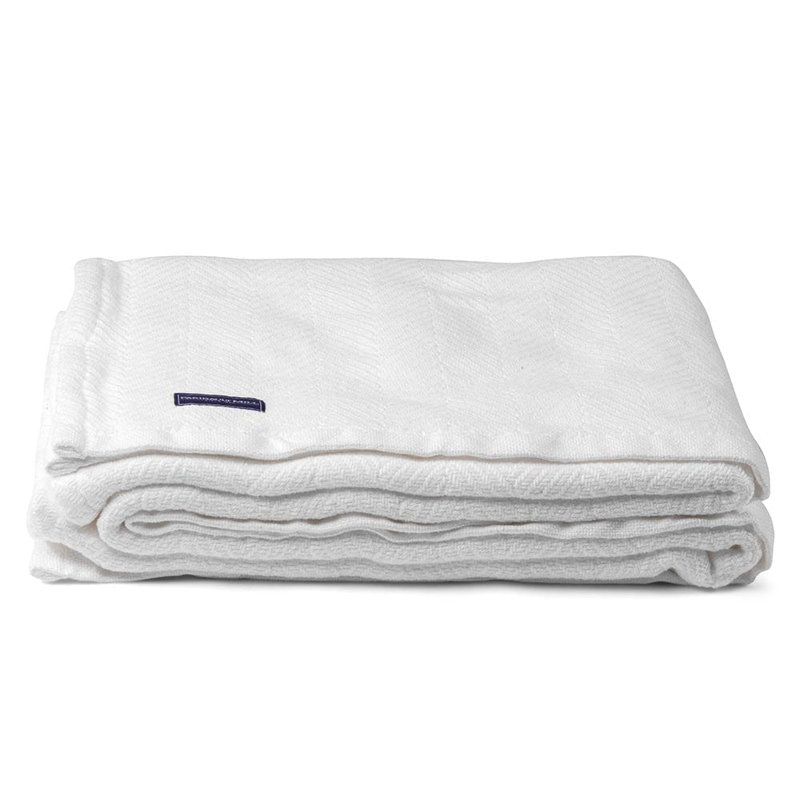 Full White Cotton Woven Blanket with Herringbone Pattern