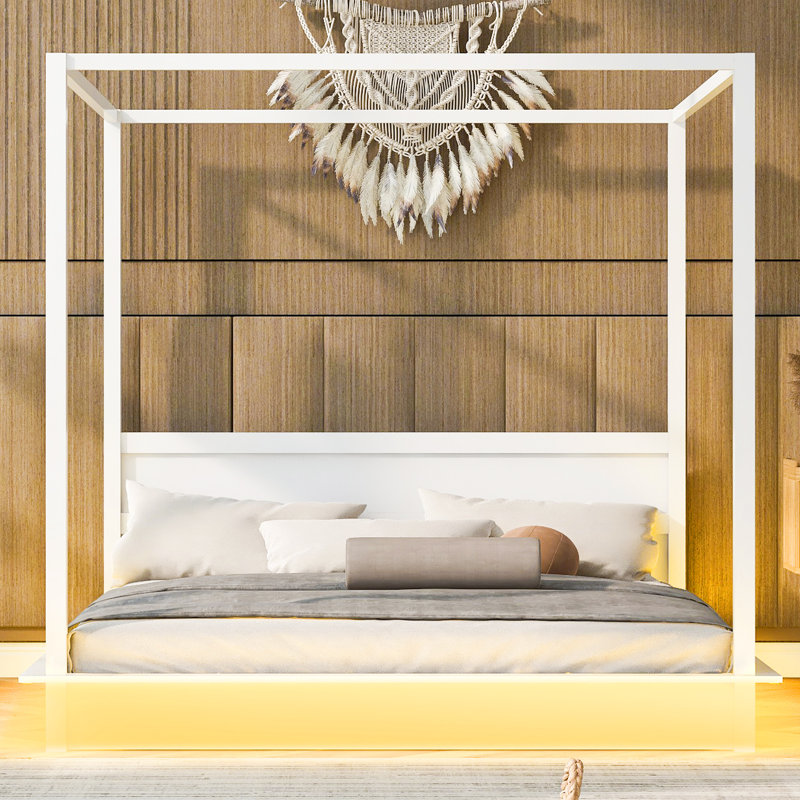 White, King, Led Canopy Bed, Easy Assembly Guide, Customizable Rails King Traditional Design, Modern Twist, Support Slats