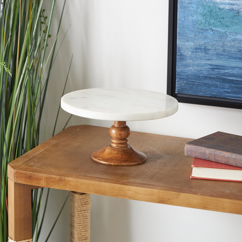 Mango Wood Decorative White Cake Stand with Wood Base