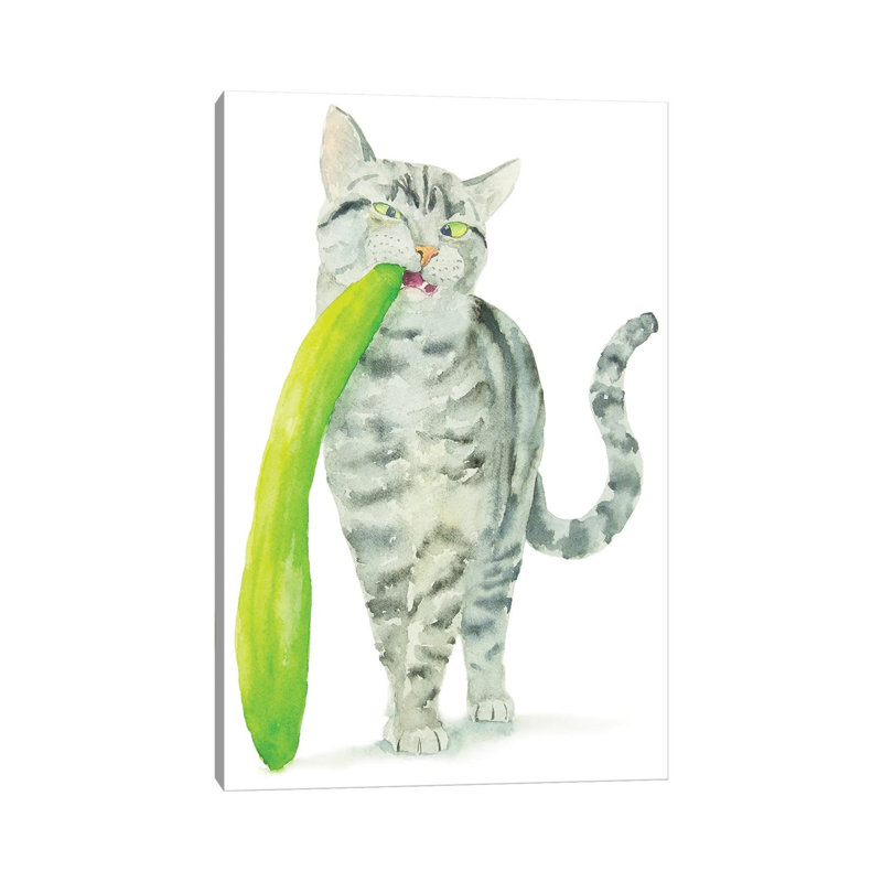 Tabby Cat And Cucumber by Alexey Dmitrievich Shmyrov - Wrapped Canvas Print, 20.32 cm H x 30.48 cm W