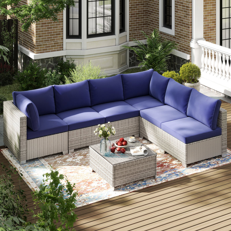 7-Piece Patio Furniture Sets,Conversation Set Sectional Sofa for Backyard, Poolside, Garden，Navy, Light Gray, Navy Blue