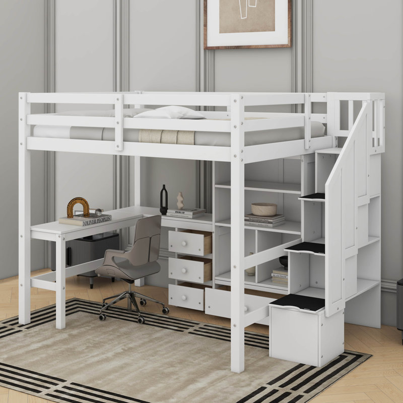 Lit mezzanine double avec bureau en L et tiroirs, armoire et escalier de rangement, White