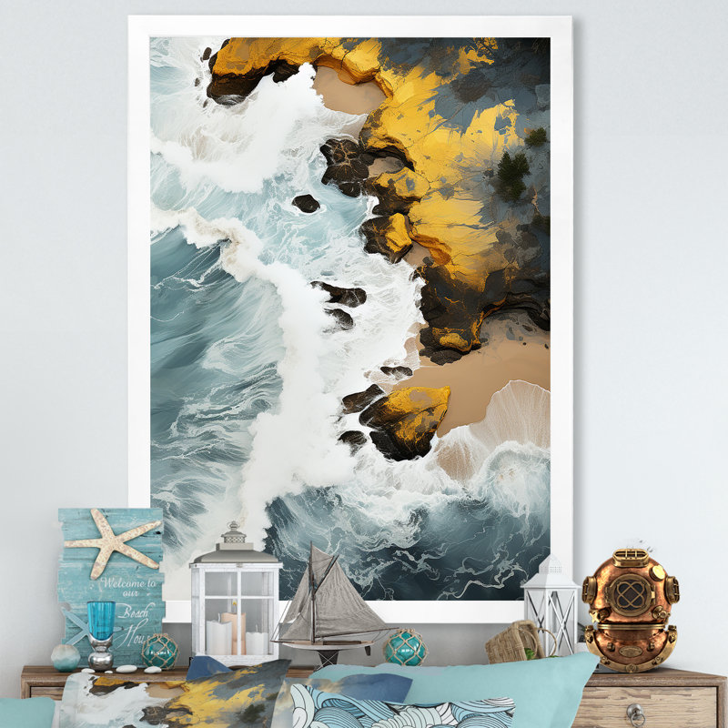 Sable tropical aérien - art mural plage, Cadre simple blanc, H 32 po x l 16 po x P 1 po