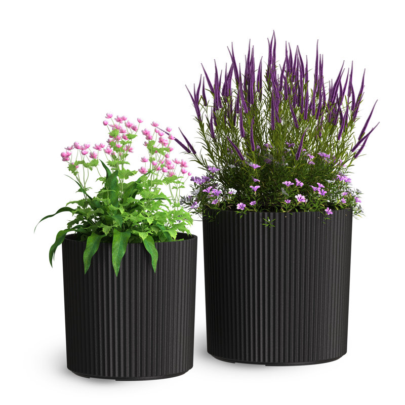 Byron Ribbed Round Planter - Set of 2 (12in & 14in), Black