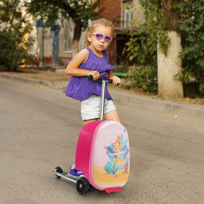 Kids Scooter Luggage With Backpack 2-in-1 Set, 30l Ride-on Suitcase + 10l Backpack, Durable Eva Material, Lightweight Foldable, Wheels For Girls Aged 4-8, Mermaid Design