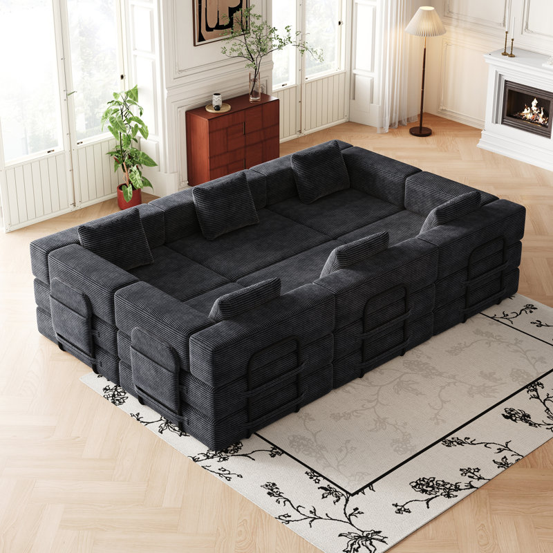 Canapé 6 places rembourré avec poches de rangement latérales et coussins pour le salon, Noir