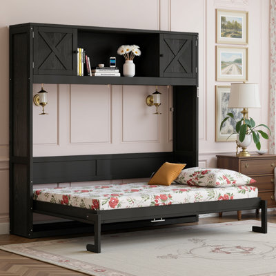 Lit escamotable double pleine grandeur avec armoires de rangement, lit escamotable mural avec tablettes