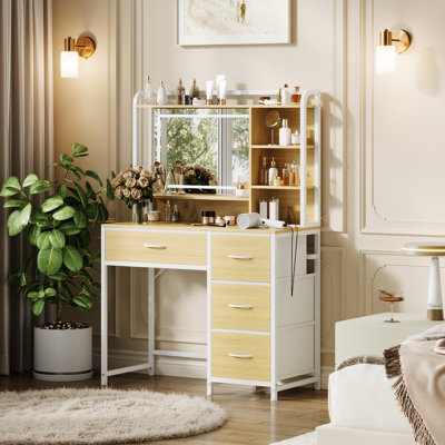 Vanity Desk with Mirror and Lights, 35.4" Makeup Vanity Table with 4 Fabric Drawers & Storage Shelves, Adjustable LED Lights, Makeup  Vanity Dressing Table for Bedroom