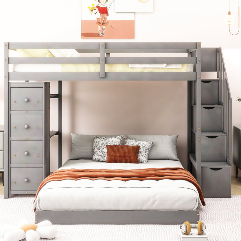 Lit superposé à 3 niveaux avec lit superposé simple au-dessus de double, gris - Maximisez la capacité de la chambre à coucher double avec des tablettes, tiroirs et escaliers