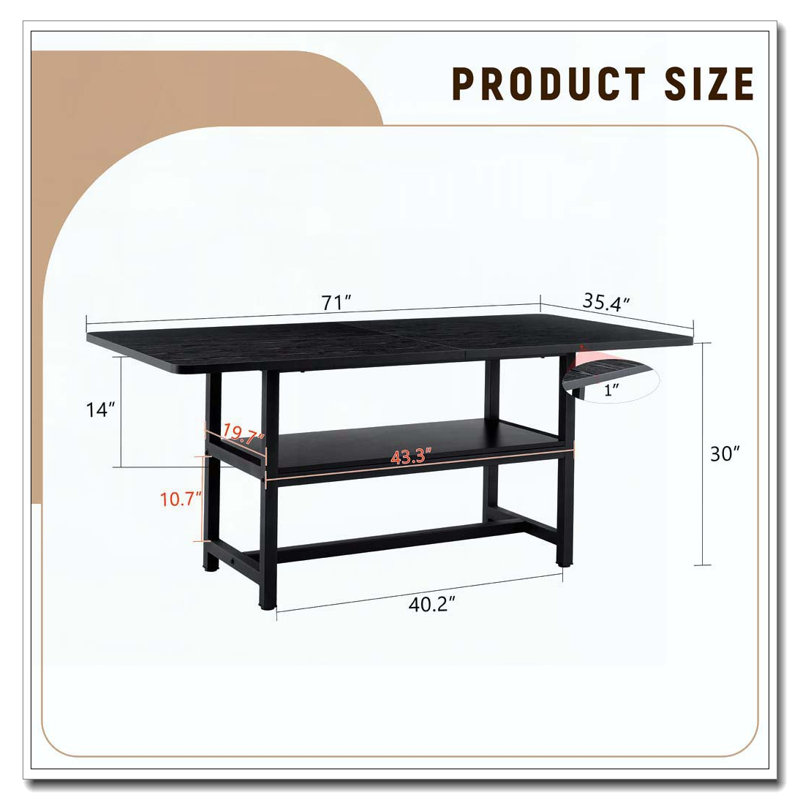 71"Long Dining Table With Shelf Storage, Black
