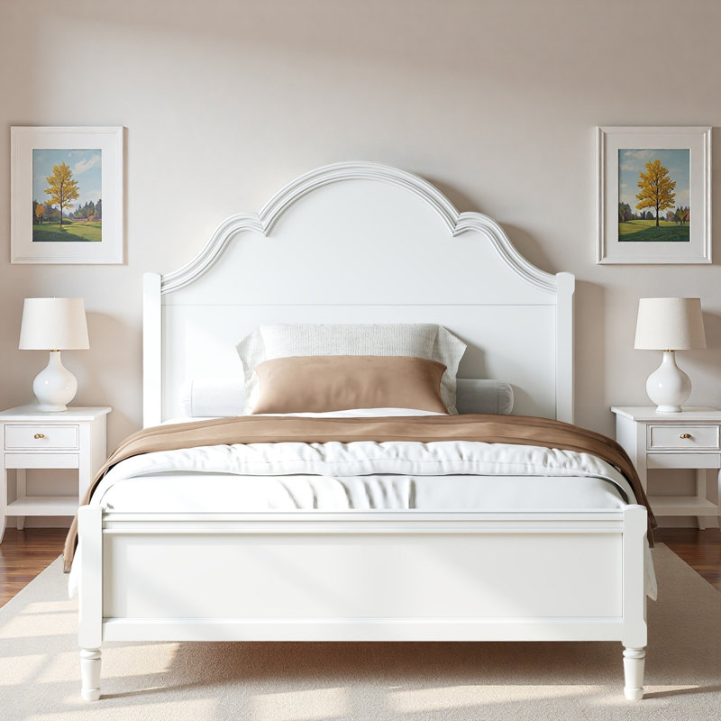 Lit plateforme en bois avec tête de lit courbée et pieds robustes, Full, White