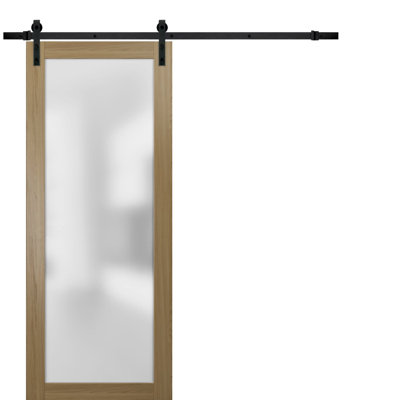 Porte de grange robuste en verre trempé givré | Planum 2102 miel cendré | Ensemble de quincaillerie lourde pour cintres 6,6 pi noir | Portes intérieures modernes à panneau massif - Rail noir