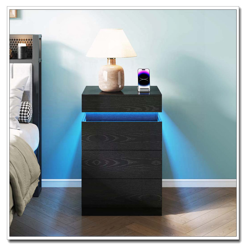 3-Drawer Sliding-Top Modern Nightstand with Built-In Charging Station and LED Lighting, Black