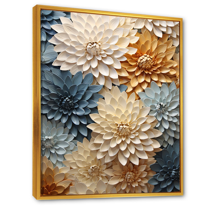«Blue and White Mums Flowers Elegance VI», reproduction sur toile, Cadre flottant doré, 32" H x 16" W