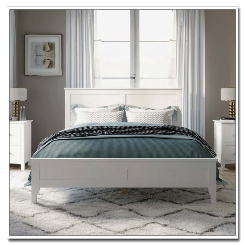 Lit plateforme en bois massif, Blanc, Lit double