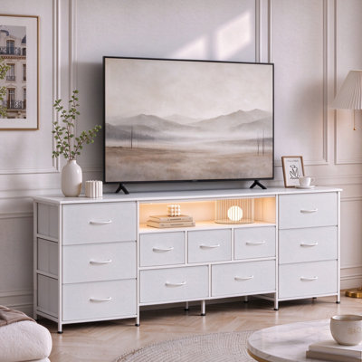 Commode longue de 192 cm (75,5 po) de large pour chambre à coucher, avec prises électriques et éclairage DEL, commode en tissu à 11 tiroirs et étagères ouvertes, meuble télé avec rangement