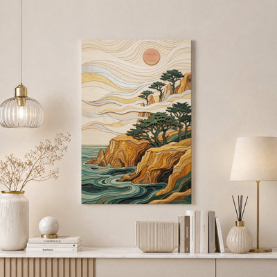 Tableau sur toile en bois superposé représentant des vagues de l'océan et des arbres à flanc de falaise
