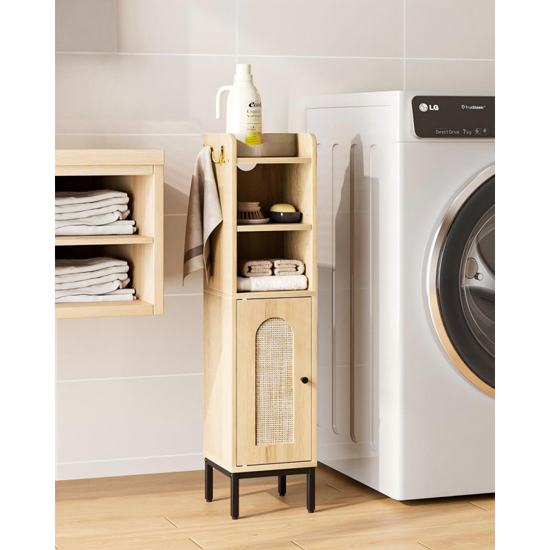 Bathroom Storage Cabinet, Small Corner Floor Hutch With 2 Hooks, Narrow Toilet Paper Cabinet With Rattan Door, Bathroom Organizer With Adjustable Shelf For Small Spaces, Oak